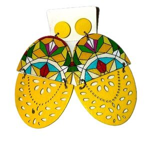 Bright Yellow Wooden Paisley Geometric Earrings — Vibrant & Unique
